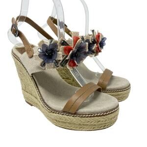 Tory Burch Tan Espadrille High Heel Wedge Sandals w Floral Detail Women's Sz 7.5
